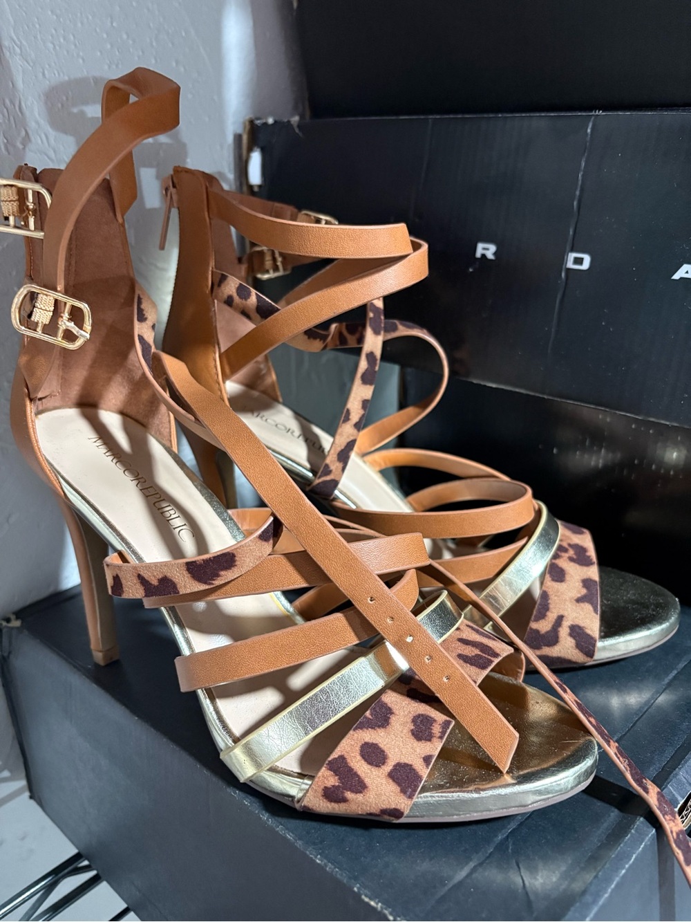 Strappy Leopard & Tan High Heel Sandals with Gold Accents